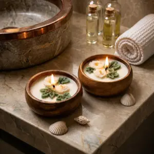 Botanical Floral Soy Candle Wooden Bowl Set